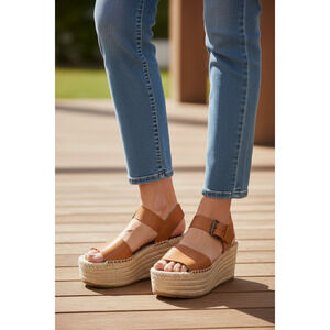 Soludos Minorca High Platform Espadrille Leather Sandals Color:Tan Size: 6